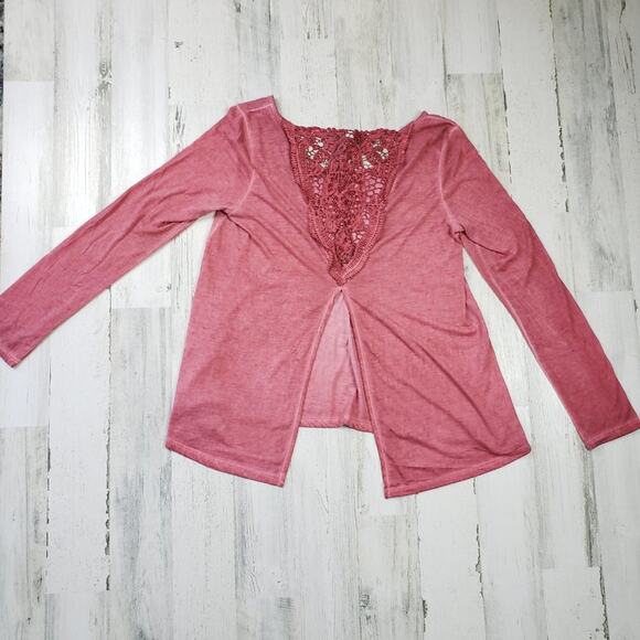 Others Follow Blush Rose Lace Open Back V-Neck Long Sleeve Top Womens Size Large - Picture 7 of 12